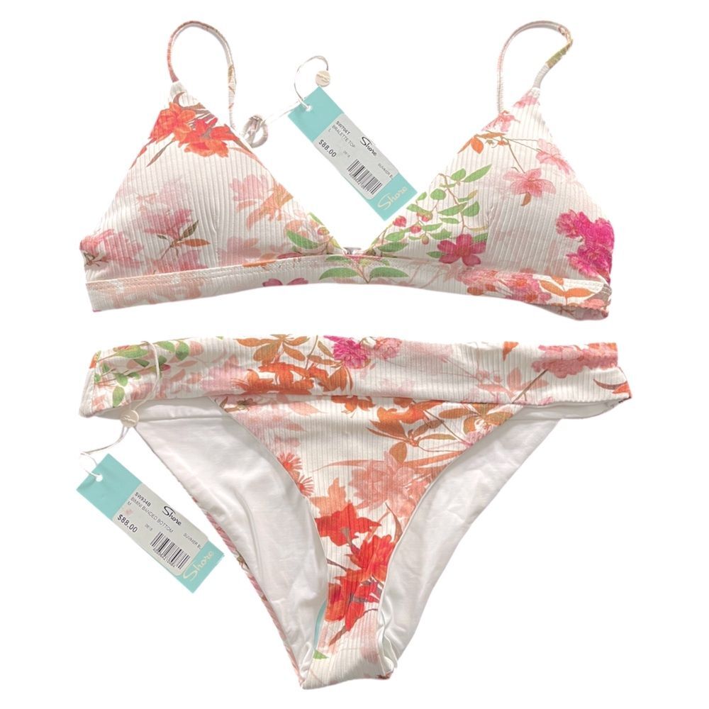 Shore Floral Ribbed Bikini Set California Coastal Tropical Swimwear M/L